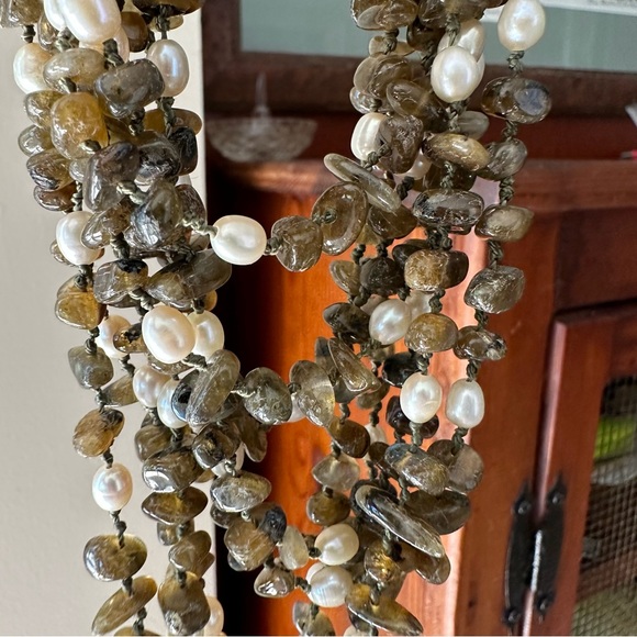 Jaden Labradorite Green Moss & Real Pearl Huge Multi-strand Necklace Heavy Duty - Picture 11 of 16